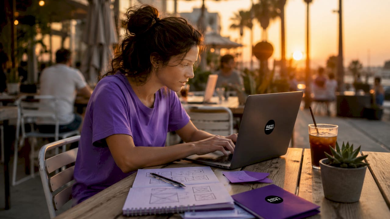 Woman using laptop with drag-and-drop website builder