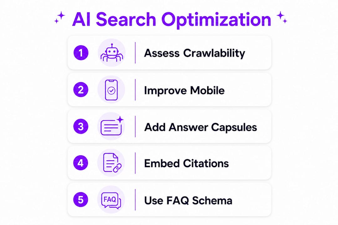 Infographic showing key steps for AI search optimization