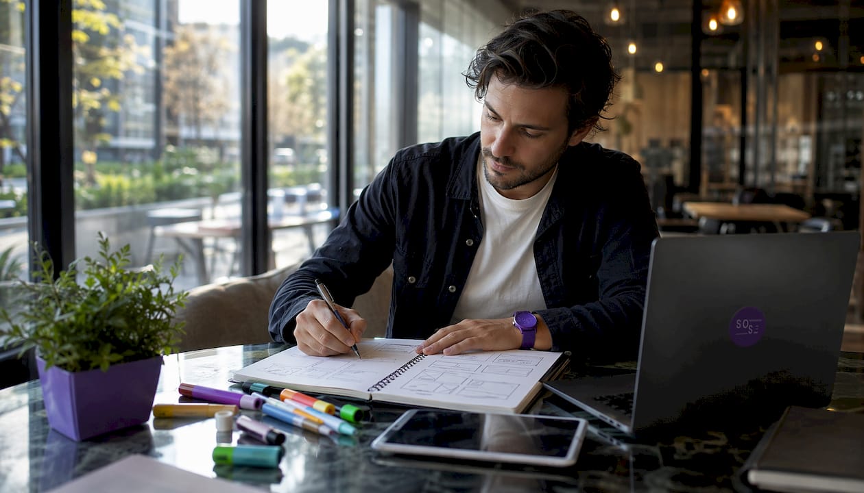 Designer sketching AI-powered website layout