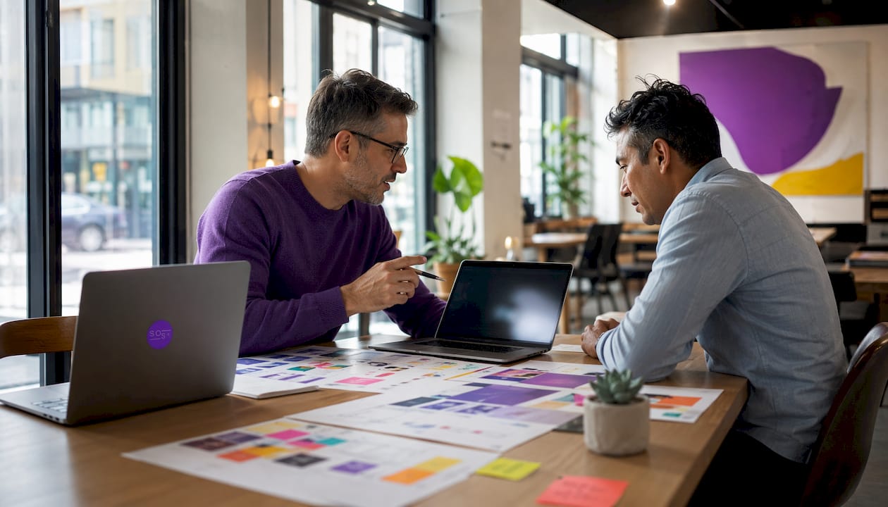 Two marketers discussing PPC ad campaign planning at table