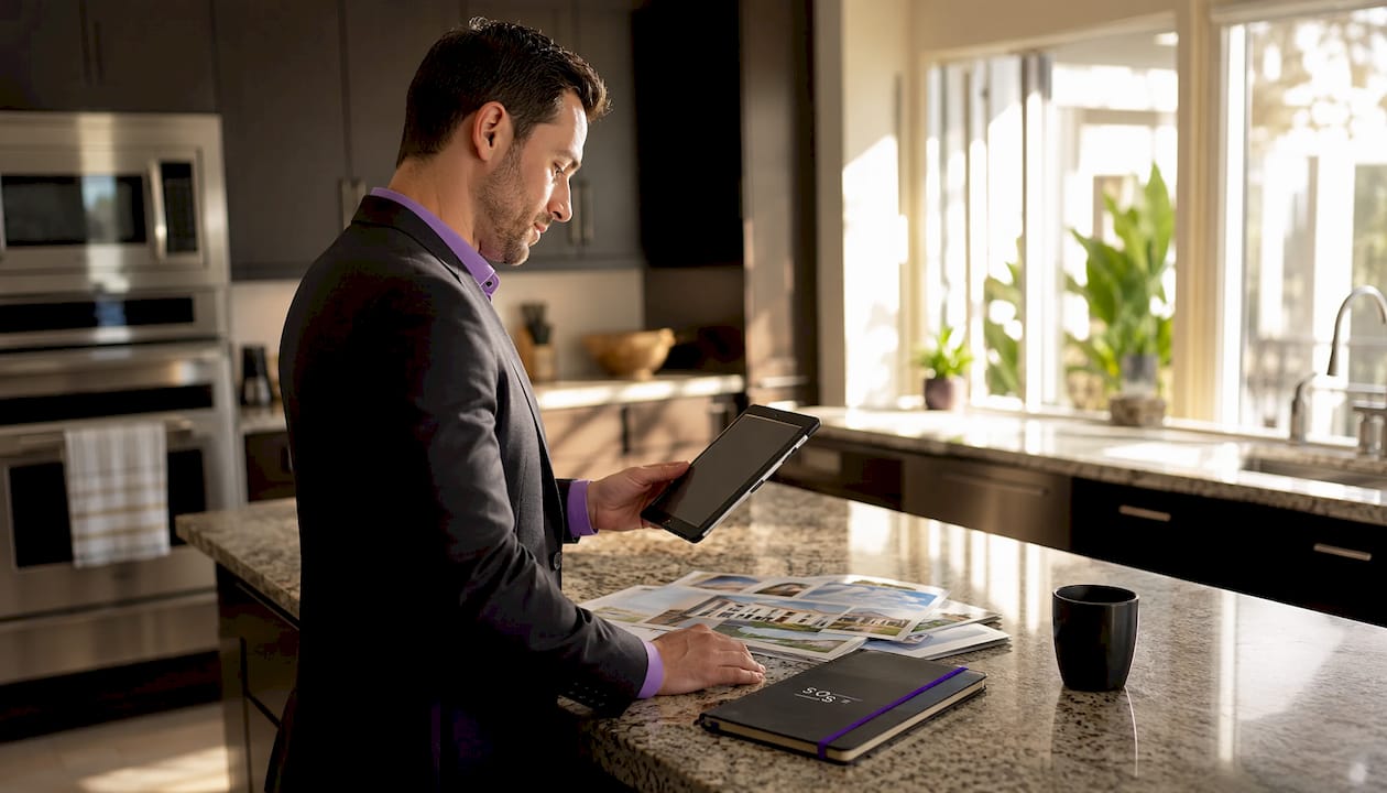 Agent working on real estate website at desk